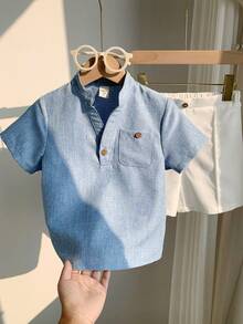 SHEIN LMoss Kids 儿童男童休闲V领短袖衬衫和短裤两件套 - 藍白色 - 查看 6