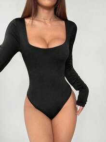 SHEIN Tall Women's Spring/Summer Square Neck Black Slim Fit Long Sleeve Jumpsuit, Tall Version, Comfortable Casual Minimalist Design - Black - View 5