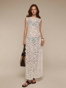 ATUI Studio New Sleeveless Lace Dress, Ombre Floral Sheer Elegant Long Dress, Vacation & Everyday Chic Fairy Style - White - View 4