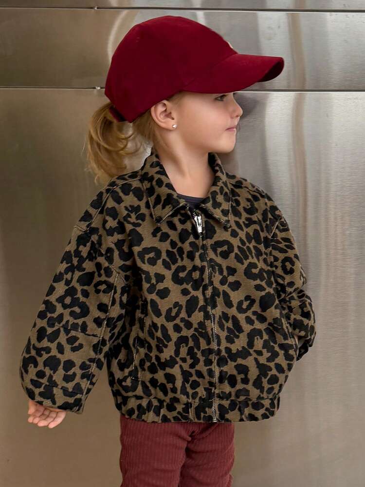 Young Girl' Leopard Print Casual Loose Long Sleeve Jacket, Spring/Autumn