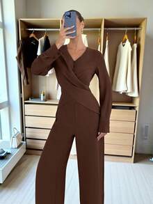 Siren Gaze 2pcs Women Elegant Dark Brown Pants Set,Overlapping Wrap Long Sleeve Top & Wide-Leg Pants Suit,French Office Style Autumn Outfit,Minimalist Clothes - Brown - View 8