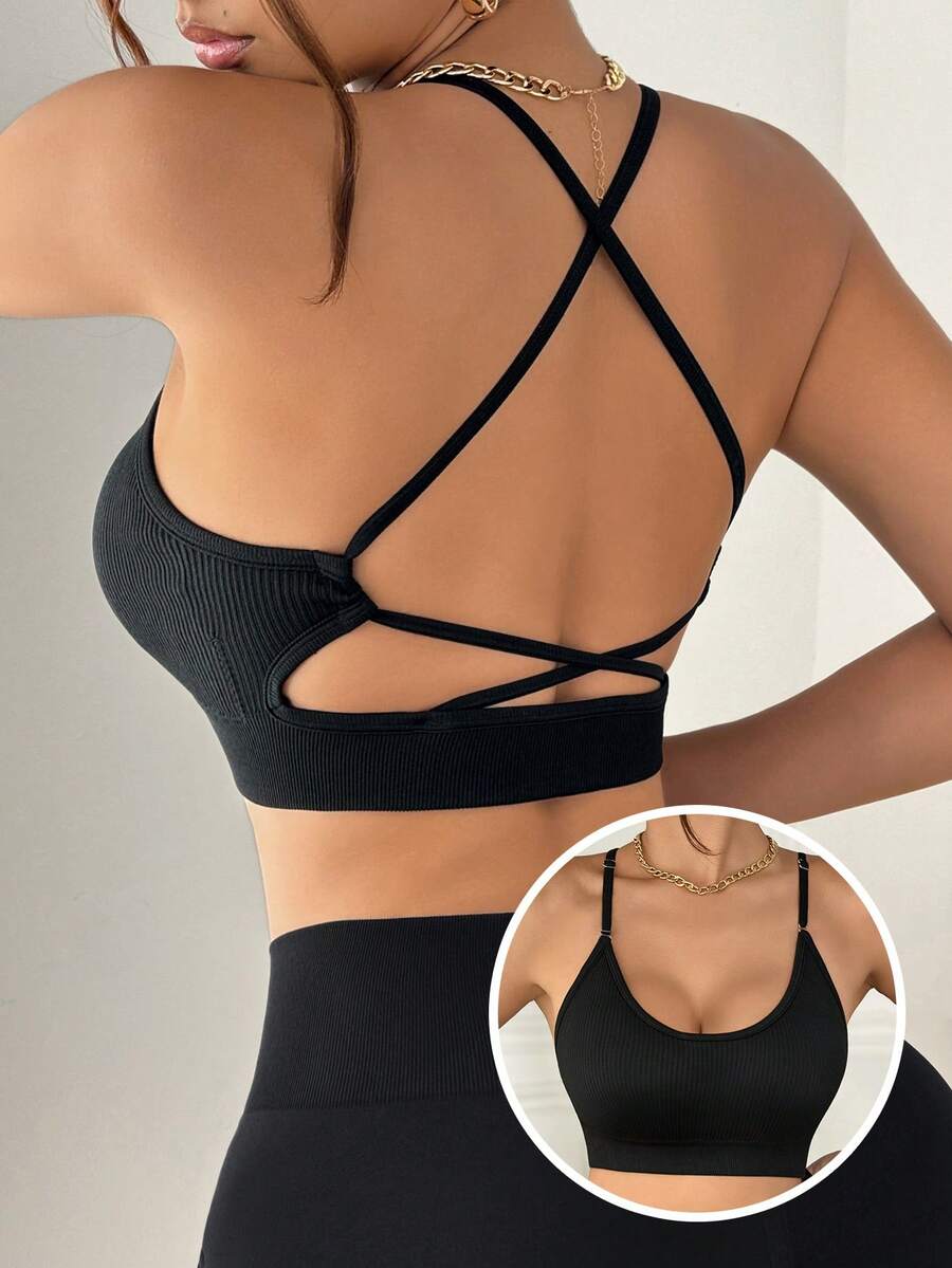 Slayform 1 Áo ngực thể thao liền mạch có gân đan chéo có dây đeo có thể điều chỉnh dành cho nữ khi tập yoga, chạy bộ - màu đen - Xem 1