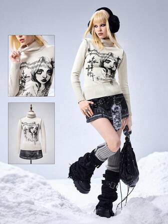 Maglione a collo alto con stampa grafica retrò cyber punk di sottocultura Y3K per donna