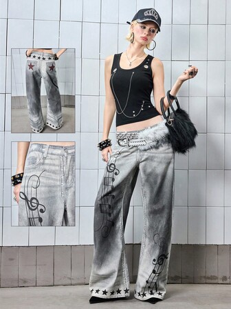 ROMWE Avant Jeans en jean gris délavé taille basse rétro Y3K pour femmes avec imprimé note de musique Kpop