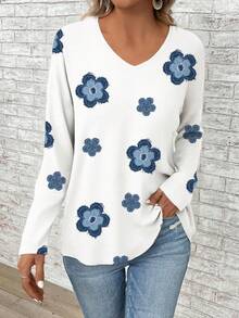 EMERY ROSE 女式花卉印花加大码V领长袖T恤，适合音乐节和返校季，秋冬季 - 彩色 - 查看 4