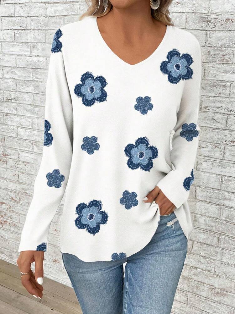 EMERY ROSE Camiseta de manga larga con cuello en V y estampado floral para mujer talla grande, adecuada para festivales de música y vuelta al colegio, otoño/invierno - Multicolor - Ver 4