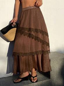 Livesso Fashionable Loose Casual Vacation Textured Lace Patchwork Flared Skirt, Spring/Summer - Brown - View 2