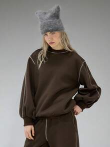 COUREZ 超大款撞色缝线卫衣/Y2K风格女式卫衣/冬季女装/舒适运动套装 - 棕色 - 查看 4