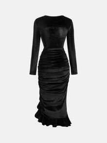 SHEIN Tween Girl Casual Elegant Round Neck Long Sleeve Irregular Hem Frill Trim Long Fitted Solid Color Knit Maxi Dress, Black, Suitable For Halloween Party, Home, Outing, School, Gathering - Black - View 2
