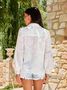 KARISMINA Women's Casual Solid Color Loose Woven Shirt White Eyelet Top Summer Blouses For Women Summer Shirts Woman - White - View 2