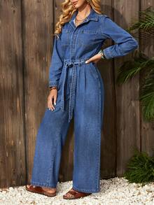 EMERY ROSE Women's Cuffed Long Sleeve Pocket Casual Wide Leg Denim Jumpsuit - Medium Wash - View 3