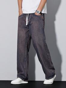 Manfinity Homme Men's Drawstring Waist Wide Leg Jeans, Perfect Holiday Gift For Boyfriend & Husband - Brown - View 5