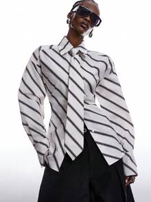 LYSMO 2025 New Arrival Minimalist Fall/Winter Women's Ultra-Wide Paded Shoulder Tie-Collar Long Sleeve Waist-Tie Shirt, Suitable For Everyday Wear, Daily Commute, Office, Siren Style, Urban Fashion Fashion Commuter Striped Tie-Waist Shirt/ Winter/Christmas/New Year /Thanksgiving - Black and White - View 1