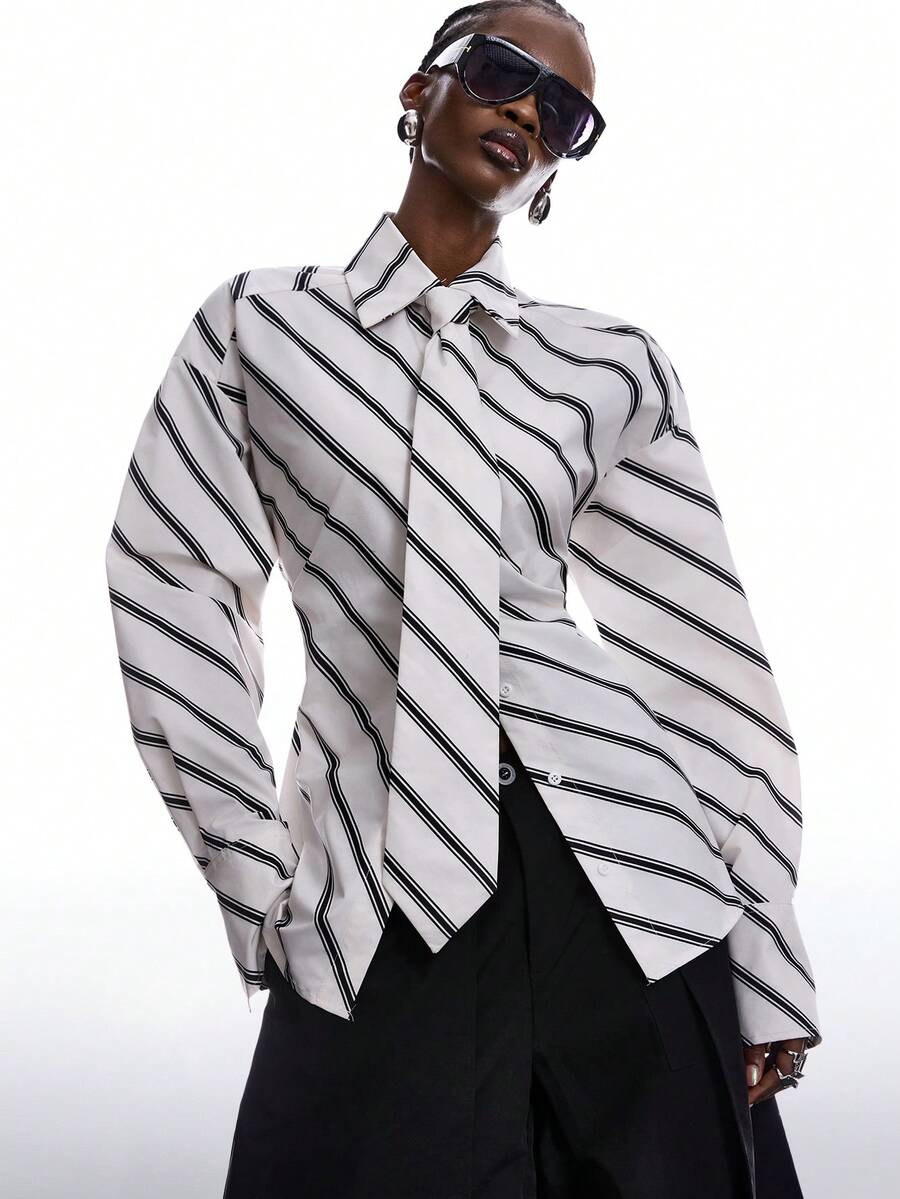 LYSMO 2025 New Arrival Minimalist Fall/Winter Women's Ultra-Wide Paded Shoulder Tie-Collar Long Sleeve Waist-Tie Shirt, Suitable For Everyday Wear, Daily Commute, Office, Siren Style, Urban Fashion Fashion Commuter Striped Tie-Waist Shirt/ Winter/Christmas/New Year /Thanksgiving - Black and White - View 1