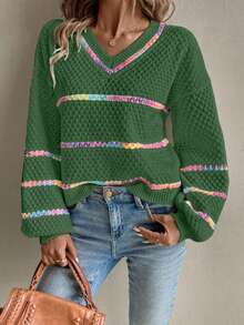 Chiquease Loose Fit Striped Knit Sweater For Women, Autumn/Winter - Green - View 6