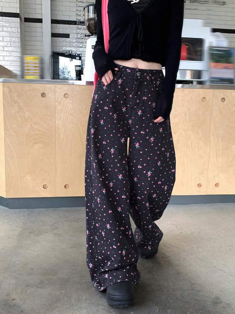 Women's Floral Print Casual Loose Relaxed Wide Leg Jeans, Boho