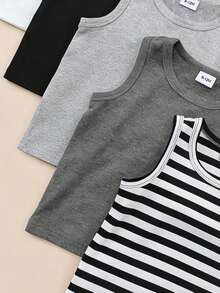 SHEIN Playful Pals 5件套休闲白色针织无袖背心，适合叠穿、外出、休闲穿着、旅行，适合6个月至3岁的男婴。