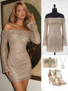 Firerie Women's Champagne Gold Sequin Off Shoulder Flare Sleeve Mini Dress,70s Shiny Mesh Party Dress For Night Out,Autumn Wedding Birthday Holiday - Apricot - View 8