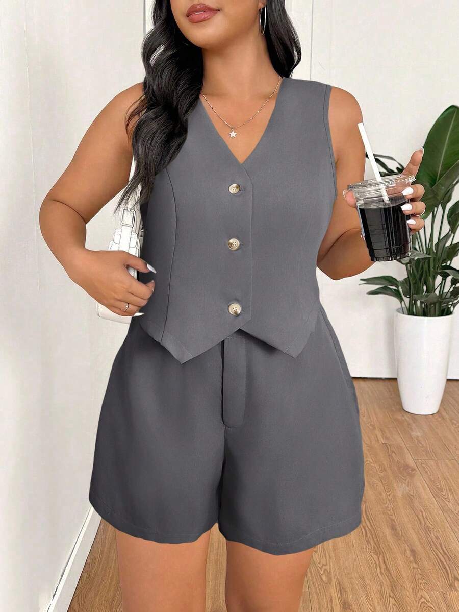 SHEIN EZwear 大码春夏休闲通勤纯色背心短裤套装,商务休闲女装毕业季、返校季、秋冬教师装 - 深灰色 - 查看 1
