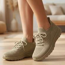 Mujer Zapatillas Deportivas De Tejido De Punto Transpirable Con Cordones Suela Gruesa Caqui - Caqui - Ver 9