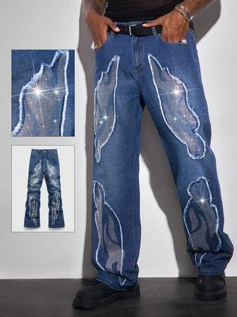 Street Life Men's Rhinestone Flame Embroidered Patch Pocket Denim Jeans