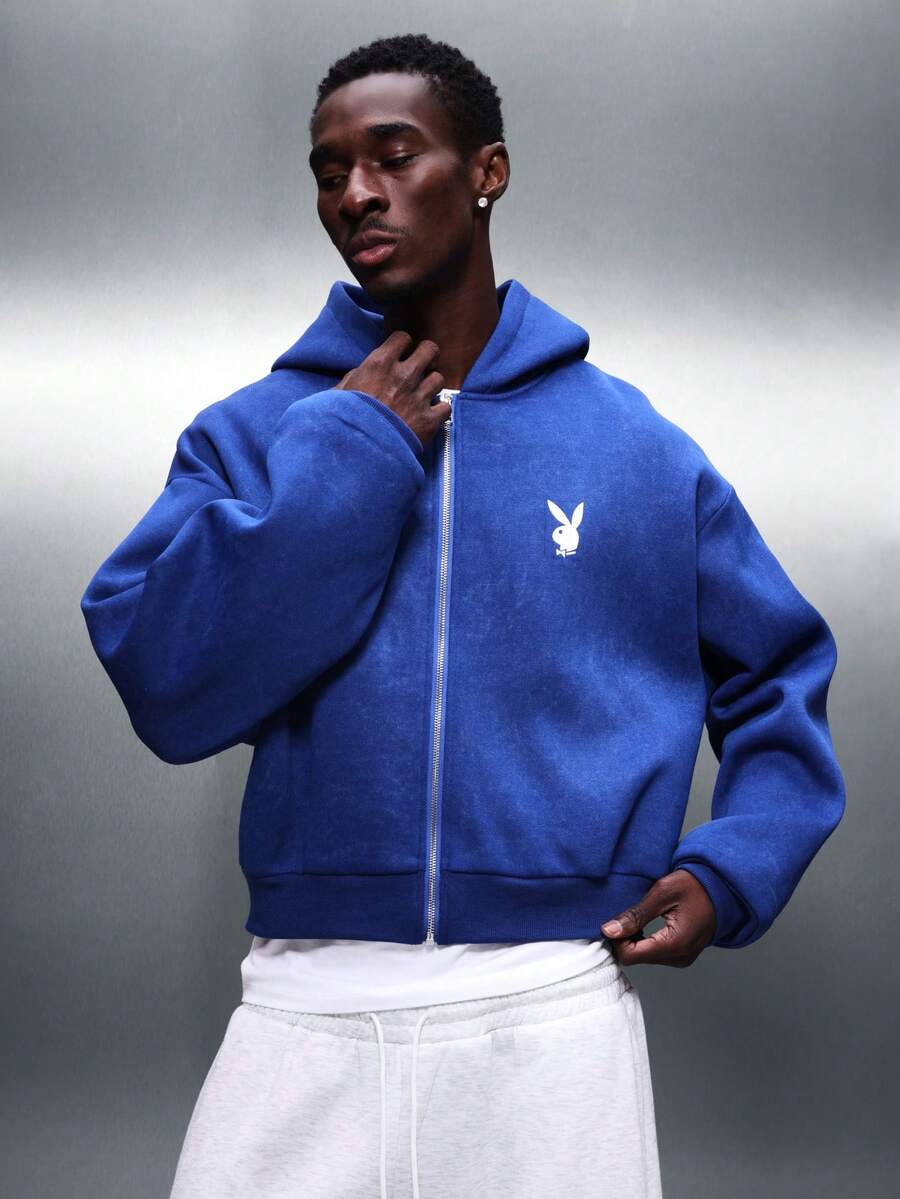 PLAYBOY X SUMWON Áo hoodie nam màu xanh dương đậm có khóa kéo, dây rút và túi giữa, in logo hình thỏ, phong cách đường phố thường ngày. - Màu xanh lam - Xem 1