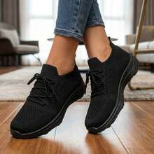 Mujer Zapatillas Deportivas De Tejido De Punto Transpirable Con Cordones Suela Gruesa Negros - Negro - Ver 12