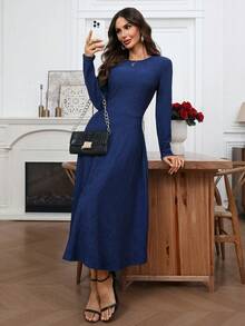 EMERY ROSE 女士休闲条纹圆领长袖冬季连衣裙 - 藏蓝色 - 查看 4