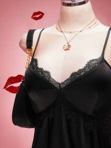 SHEIN ICON 大码女士缎面蕾丝拼接黑色吊带裙 - 黑色 - 查看 5