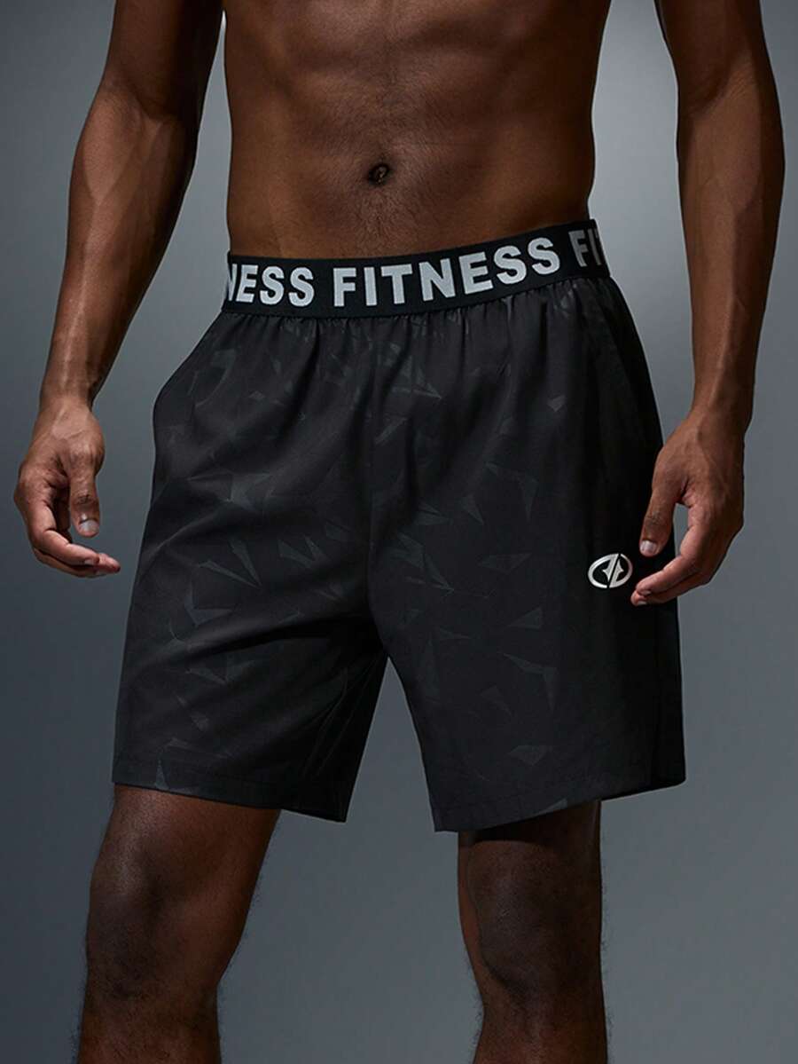 Acti Log 男士弹力腰带印花运动短裤，适合跑步和健身的休闲服饰 - 黑色 - 查看 1