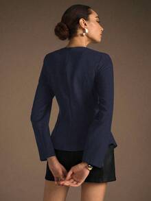 Modelyn NOVVYNE Woven Non-Stretch Black Long Sleeve Metal Button Fitted Outdoor Blouse, Fashionable & Elegant For Women Office Wear Commute - Navy Blue - View 2
