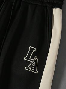 PAVTROS Men's Casual Contrast Color Letter Print Hoodie And Sweatpants Set, Autumn,Vintage,Personalised ,Vacation,Men's,Party,Y2k,Summer,Festival,New Years,Search,Color-Blocked Half-Zip Hooded Los Angeles-Style Printed Hooded Sweatshirt Set For Men - Multicolor - View 5