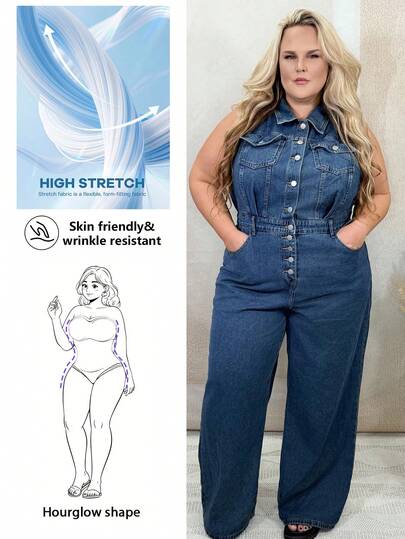 Hourglow 大码休闲水洗无袖阔腿牛仔连体裤