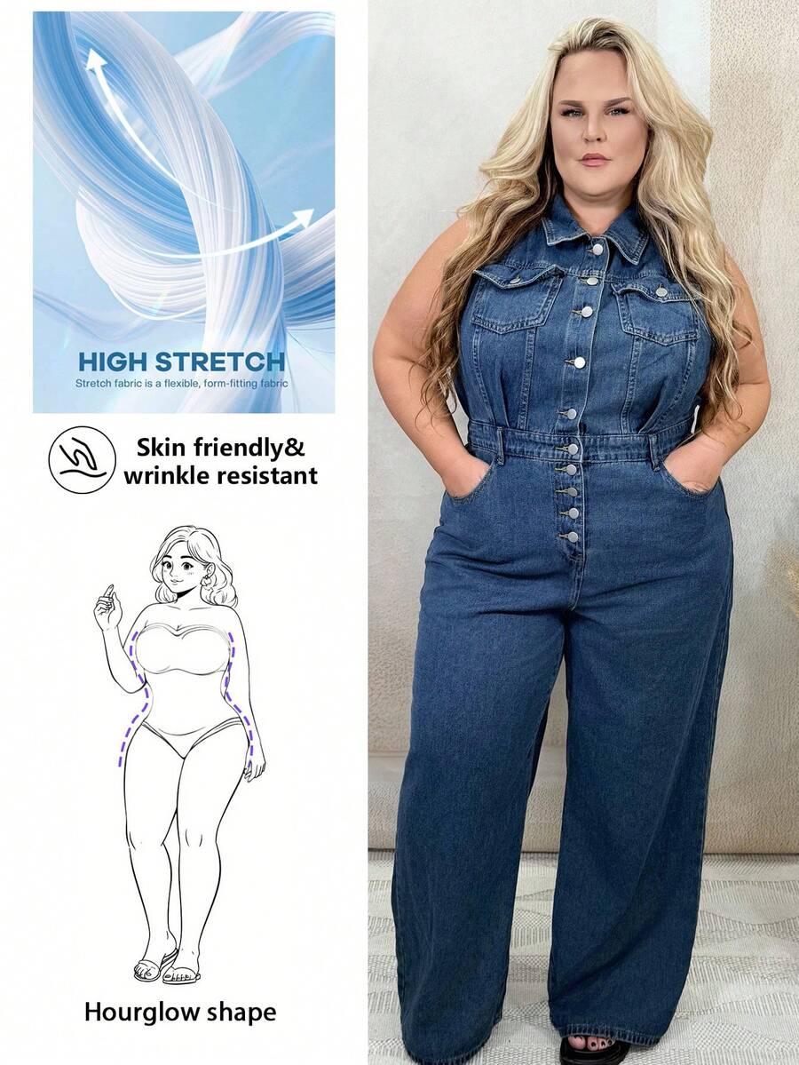 Hourglow Dollyholly86 Plus Size Casual Washed Sleeveless Wide Leg Denim Jumpsuit, For Hourglass Body Shape - Blue - View 1