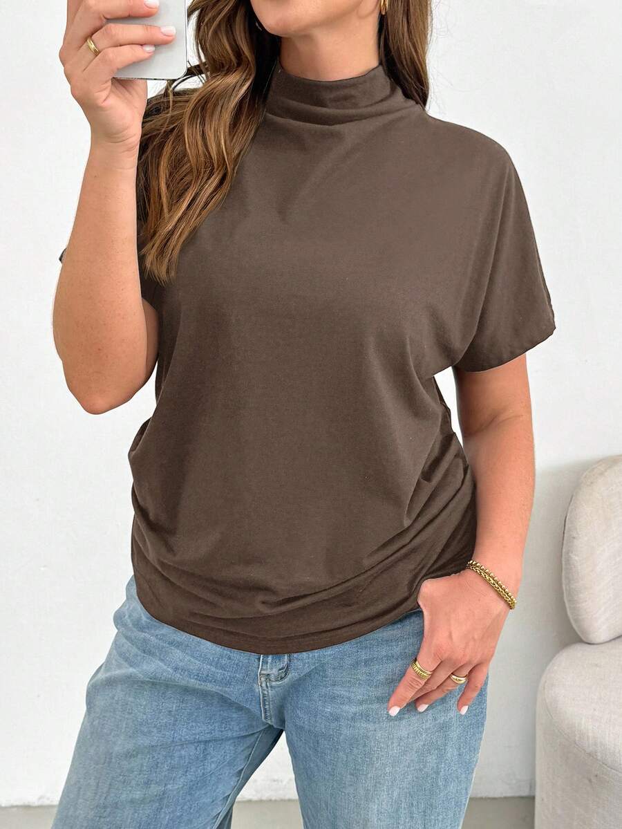 SHEIN Essnce Plus Size Women's Spring And Summer Fashion Casual Loose Comfortable Daily Slim Short-Sleeved Tops, Simple Style,Church,Work Tops - Mocha Brown - View 1