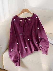 CosyJoli Suéter holgado con estampado de corazón en color beige, escote en V y espalda descubierta, para otoño e invierno, tallas grandes para mujer - Burdeos - Ver 3