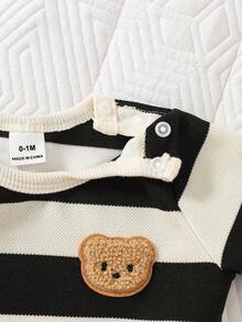 SHEIN Bộ áo liền quần ngắn tay cổ tròn kẻ sọc đen trắng cho bé trai sơ sinh, họa tiết gấu bông, thời trang, giản dị, dễ thương, phong cách mùa hè mới. - Đen và trắng - Xem 5