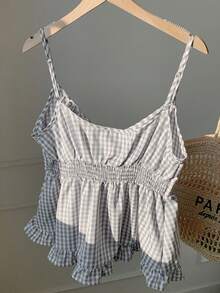 SHEIN EZwear 女士夏季格紋蕾絲背心，襯有褶邊 - 彩色 - 查看 2