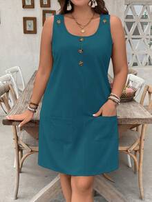 Breezaya 纯色口袋纽扣装饰圆领休闲无袖连衣裙 - 水鴨藍 - 查看 1