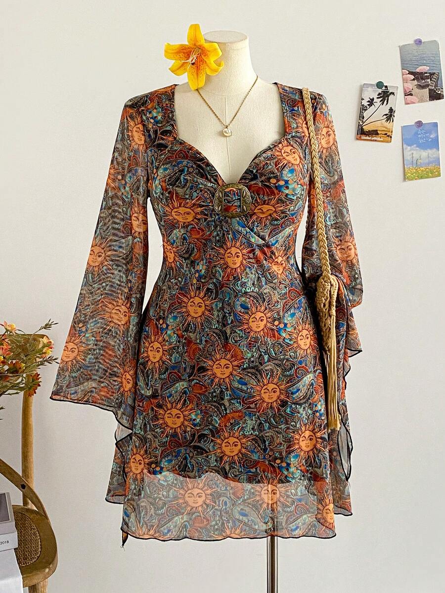Soleia Plus Size Women Print Long Sleeve Metal Decor Flare Dress - Multicolor - View 1