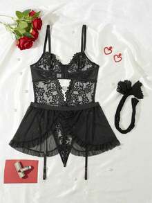 SHEIN 4 件套：蕾丝撞色网眼紧身衣 + 荷叶边吊袜带裙 + 2 双长袜，外出内衣 - 黑色 - 查看 2