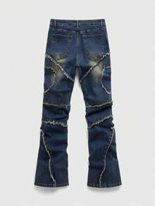 ROMWE MEN Men's Casual Everyday Washed Frayed Hem Layered Slant Pocket Flare Leg Jeans Spring/Summer - Dark Wash - View 2