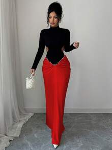 Elenzga Elegant Sexy Party Dress With Pearl Decor & Cutout Design, Autumn/Winter - Red - View 4