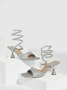 CUCCOO SZL Women's Faux Pearl Decor Shiny Lace-Up High Heel Sandals - Silver - View 7