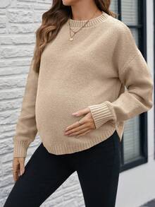 SHEIN Pull ample décontracté à manches longues, col rond, épaules tombantes, couleur unie, pour femmes enceintes - Nude - Voir 5