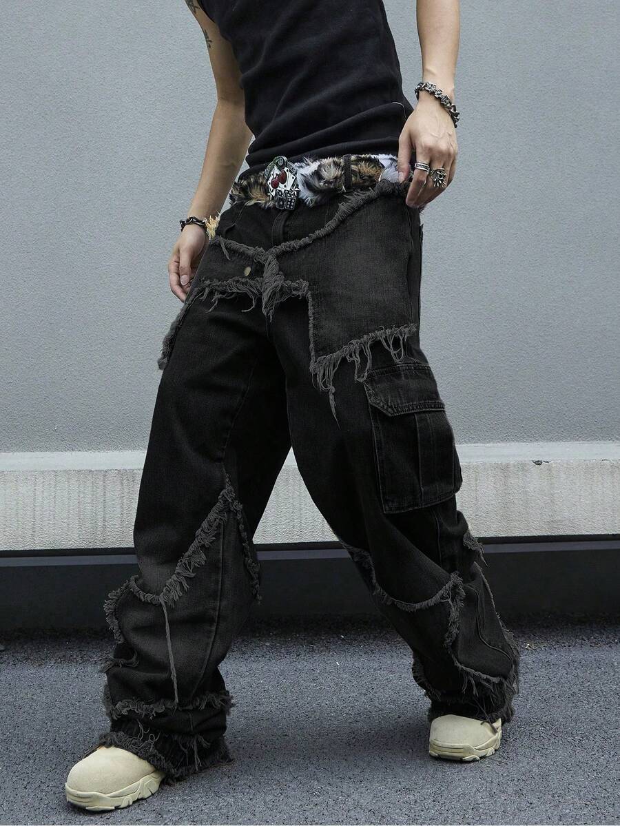 Manfinity EMRG 男士休闲宽松破洞牛仔裤 - 黑色 - 查看 1