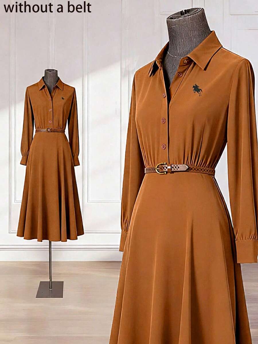 Franclia Camel Collared Waist Cinched Dress / Embroidered Long Sleeve Elegant Mid-Length Dress / Minimalist For Daily Wear / Office - Brown - View 1