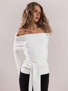 SHEIN BAE 1件女士优雅露肩纯色长袖扭结前襟毛衣 - 白色 - 查看 1