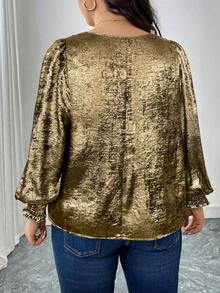 SHEIN LUNE 圆领金属箔泡泡袖衬衫 - 金色 - 查看 2