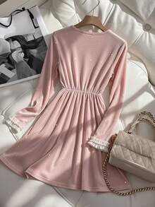 GlowEve 女士蝴蝶结装饰长袖单排扣优雅连衣裙 - 粉色 - 查看 2